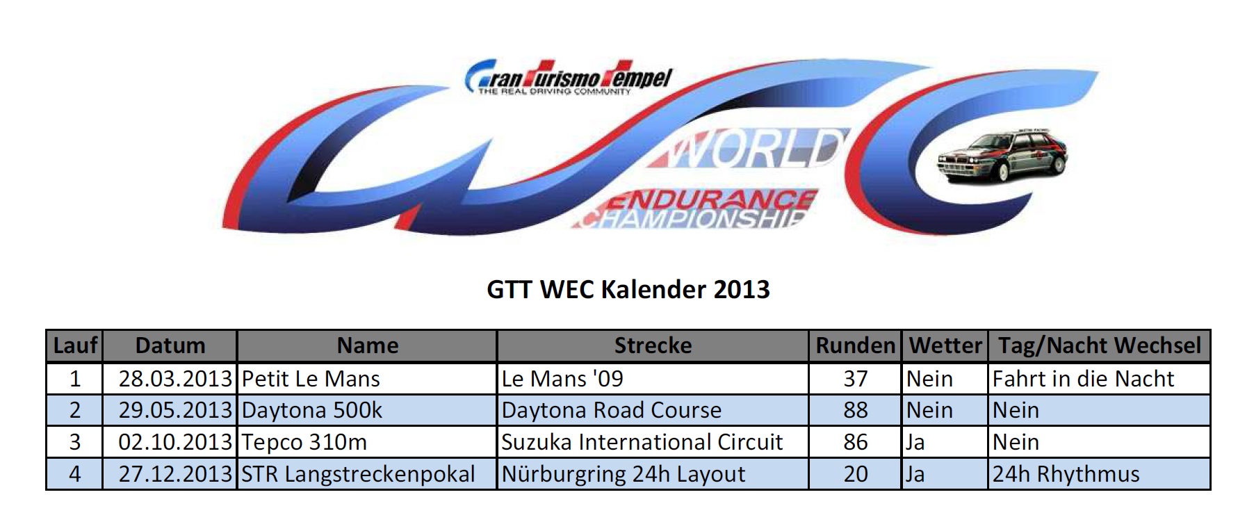 WEC Rennkalender 2013